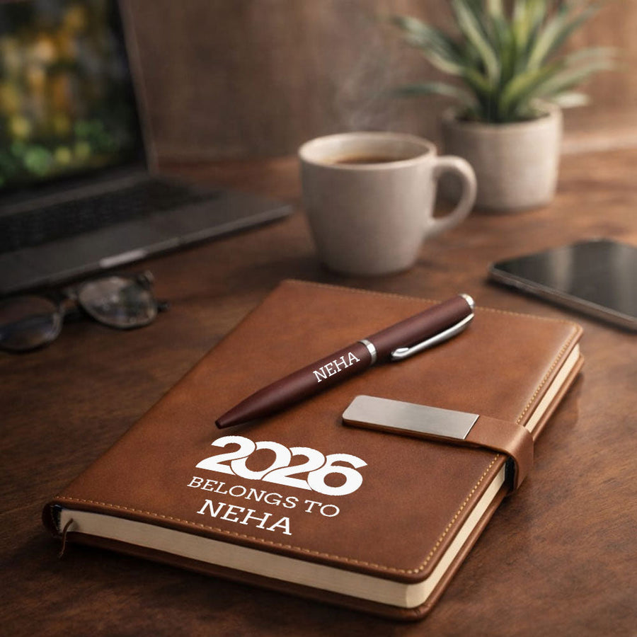 Custom Diary with Matching Engraved Pen | Premium Leatherette Diary with Name Black Gift Box