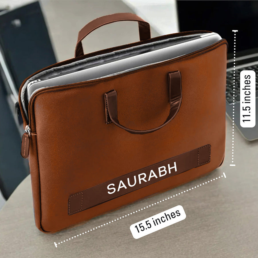 Custom Men’s Laptop Bag – Premium Brown Synthetic Leather Sleeve with Padded Compartment, Dual Handles & Zipper Closure | Fits Up to 15-inch Laptops