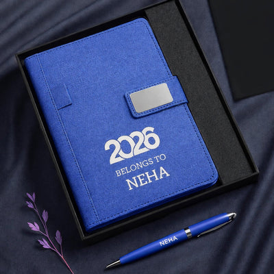 Custom Diary with Matching Engraved Pen | Premium Leatherette Diary with Name Black Gift Box