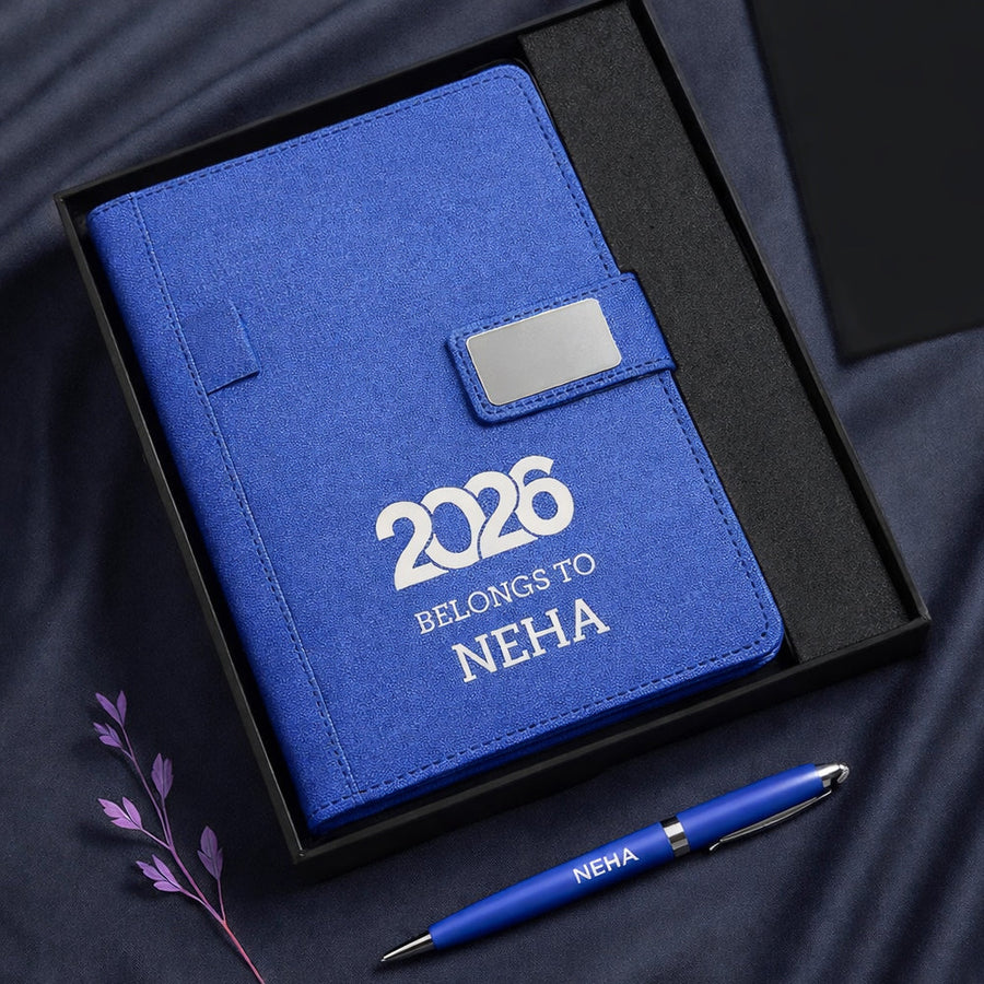 Custom Diary with Matching Engraved Pen | Premium Leatherette Diary with Name Black Gift Box