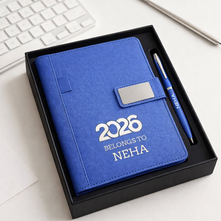 Custom Diary with Matching Engraved Pen | Premium Leatherette Diary with Name Black Gift Box