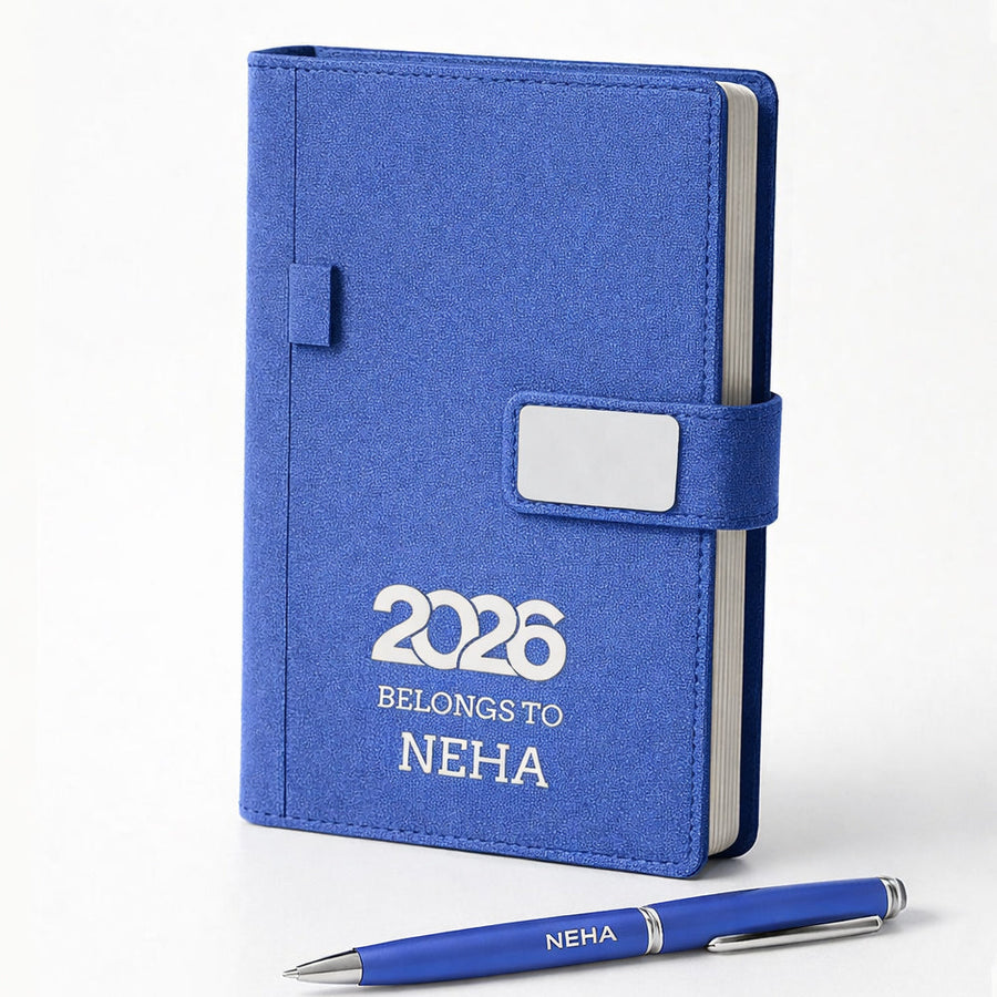 Custom Diary with Matching Engraved Pen | Premium Leatherette Diary with Name Black Gift Box