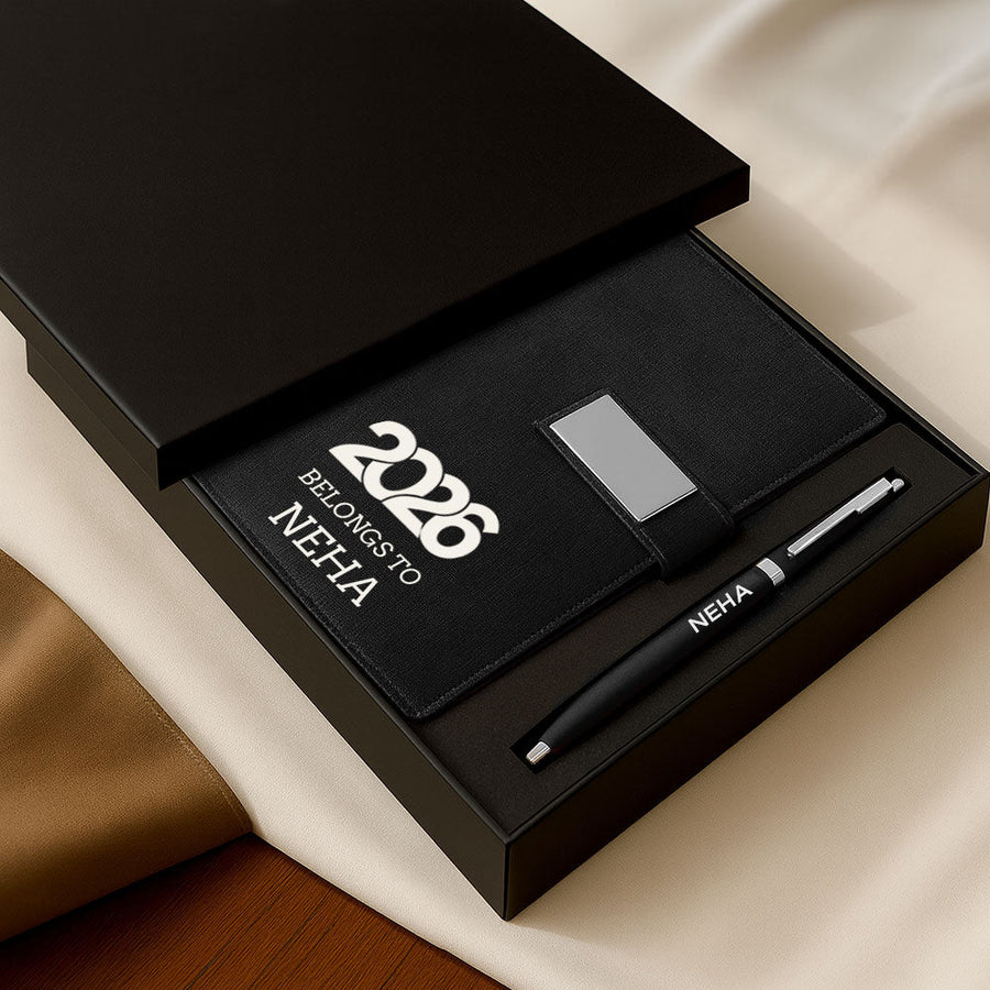 Custom Diary with Matching Engraved Pen | Premium Leatherette Diary with Name Black Gift Box