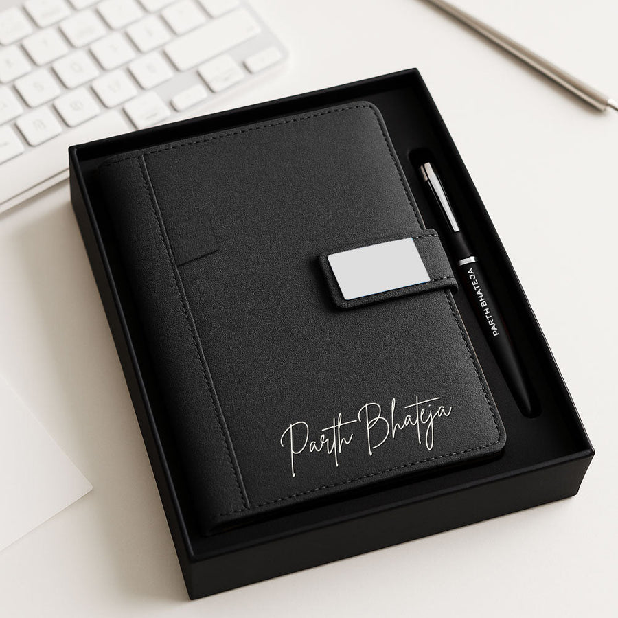 Customized Diary with Name Matching Engraved Pen | Premium Leatherette Diary with Name Black Gift Box