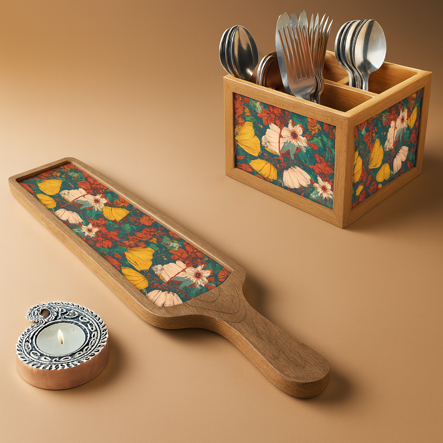 Premium Diwali Gift Set – Wooden Bat Tray, Cutlery Holder & Decorative Diya Candle