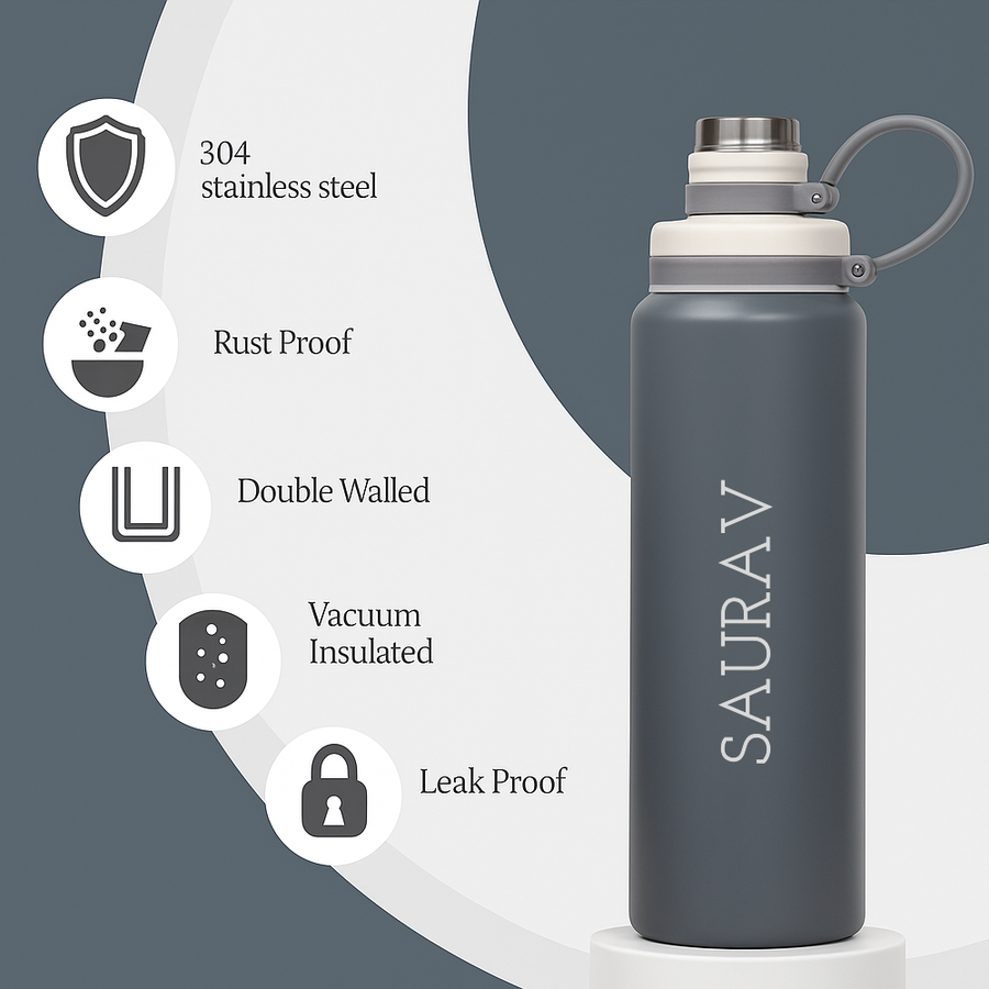 Personalized Stainless Steel Water Bottle 800ml – Double Wall Vacuum Insulated Hot & Cold Bottle for Gym, Office & Travel