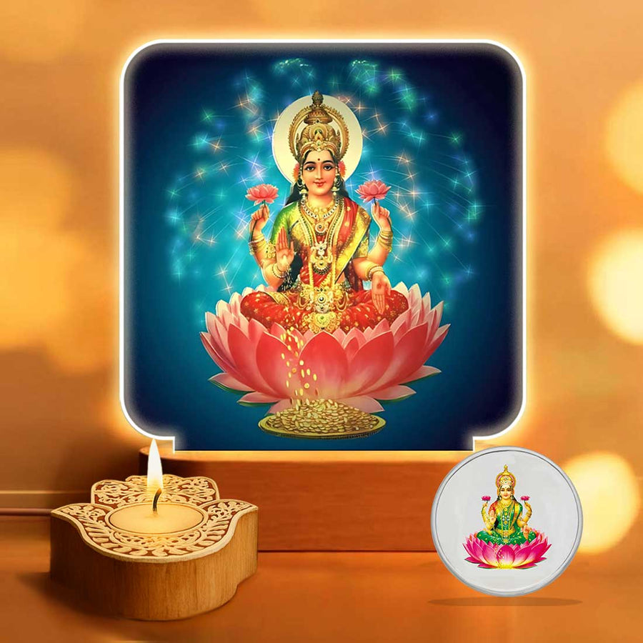 Premium Diwali Gift Set with Laxmi LED Lamp, Silver Coin & Decorative Candles – Perfect Festive Gift for Family & Relatives