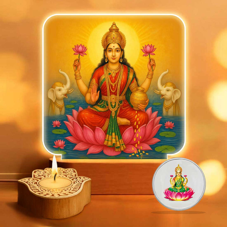 Premium Diwali Gift Set with Laxmi LED Lamp, Silver Coin & Decorative Candles – Perfect Festive Gift for Family & Relatives