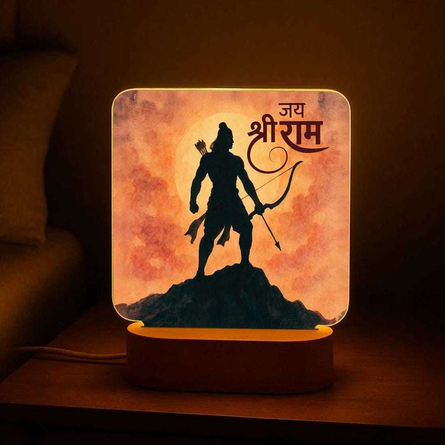 Ram Ji Temple Night Lamp – Premium Wooden Base Night Light, Spiritual Décor for Poja Mandir