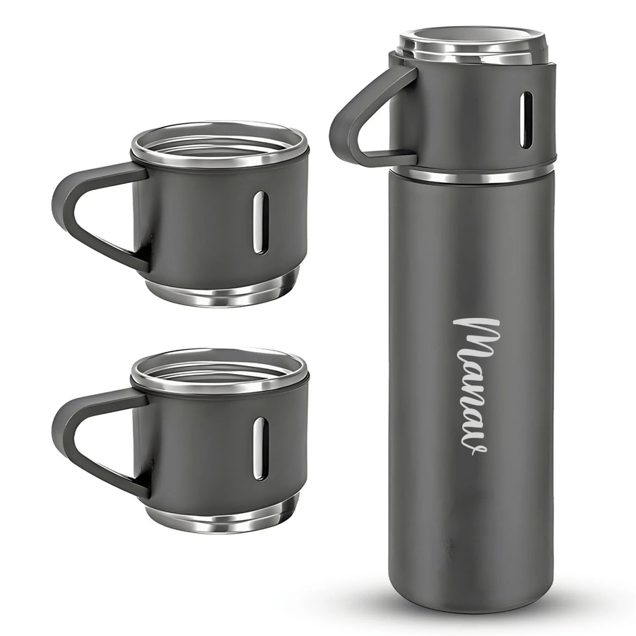 Personalized Stainless Steel Water Bottle Vacuum Flask Set with 3 Steel Cups Combo