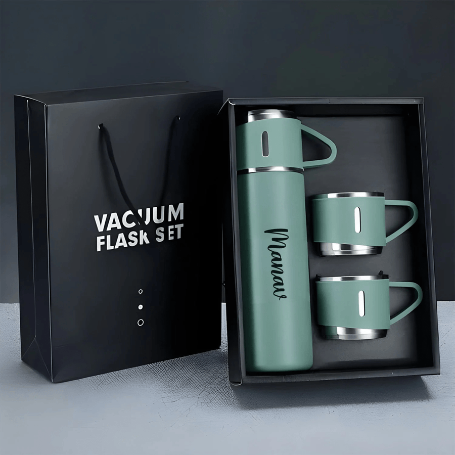 Personalized Stainless Steel Water Bottle Vacuum Flask Set with 3 Steel Cups Combo