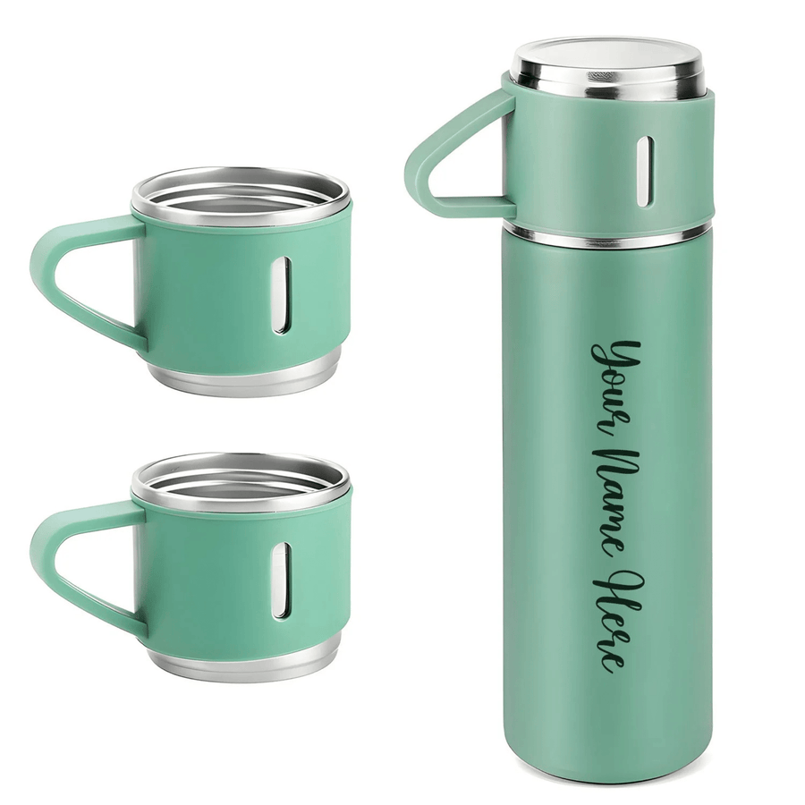 Personalized Stainless Steel Water Bottle Vacuum Flask Set with 3 Steel Cups Combo